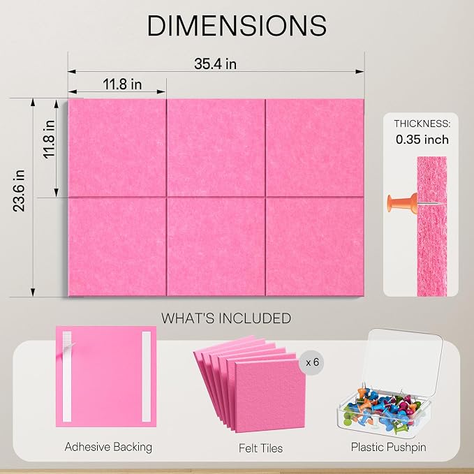 MaxGear Felt Bulletin Board 36" x 24", Pink Felt Wall Tiles Push Pins | Cork Board For Walls Alternative, 6 Pack 11.8" x 11.8" Wall Panels, Pin Board Custom Layout Design, Office Decor Home Decor