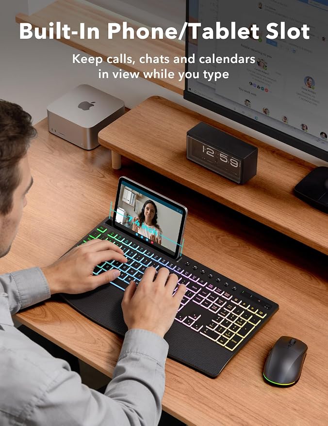 Trueque Wireless Keyboard and Mouse Combo, 4000mAh Battery, Wrist Rest | Rechargeable, 15 Backlit Effects, Full Size, Phone Holder, Quiet Typing, 2.4GHz Wireless, USB-A & C Connectivity for Windows