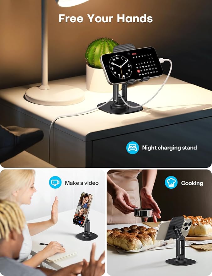 OMOTON Cell Phone Stand for Desk, 2 Pack Adjustable Foldable Phone Holder, 360 Swivel Mobile Stand Fit for iPhone 17 16 15 14 13 Pro Max and All Smart Phones, Black & Black