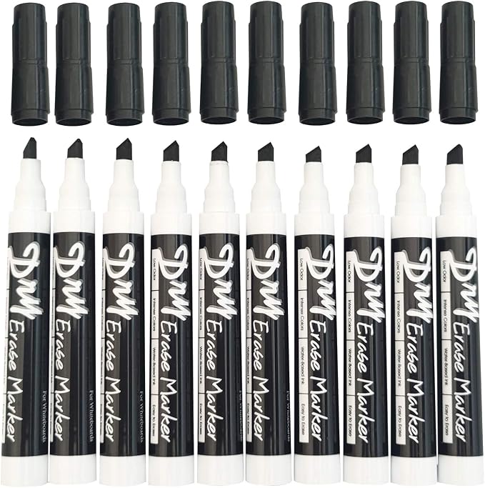 Volcanics Black Dry Erase Markers, Chisel Tip, Low Odor, 10 Pack | Whiteboard Markers, Dry Erase Pens, Easy Erase for Whiteboards, Glass, Calendars, Office, School, Home, Quick Dry Ink