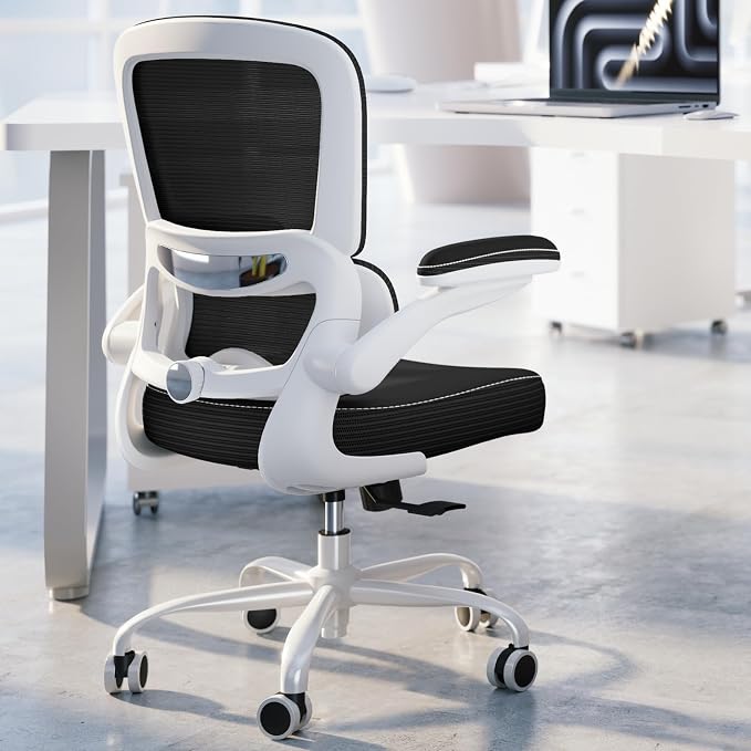 TRALT Ergonomic Office Chair Desk Chair with Adjustable Lumbar Support | Desk Chair Comfy with Flip-up Armrests Ergonomic Chair - Mesh Computer Chairs for Adults, 330lbs, PU Leather (Black White, 1)