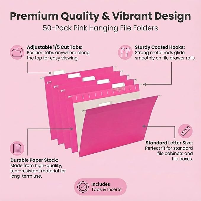 50 Pack Hanging File Folders,Letter Size File Folder,Pink Hanging Folders for Filing Cabinet,Reinforced Rods for Smooth Gliding,Includes 1/5 Adjustable Tabs & Inserts,Ideal for Home & Office