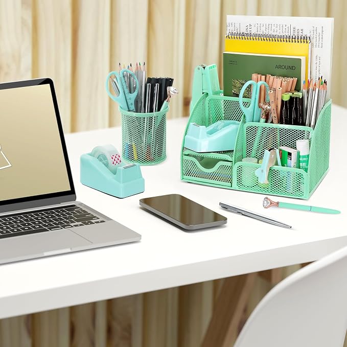 13-in-1 Office Desk Organizer Set for Back to School Supplies Accessories | Organizer Set with Stapler and Tape Dispenser, Pen Holder, Scissors, Ruler, Hole Punch, 2 Pens & More Desk Supplies