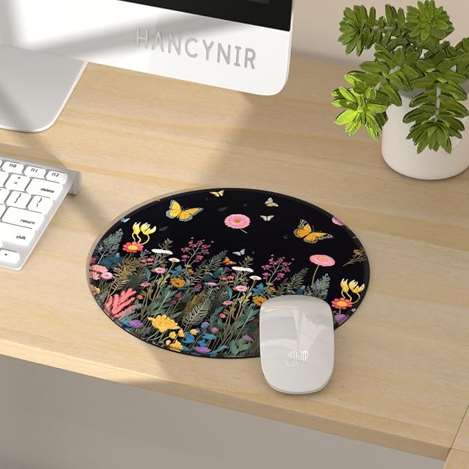 Hancynir Butterfly Floral Round Mouse Pad, Small Mousepad for Laptop Desk | Mouse Mat for Computer, Non-Slip Rubber Base, Office Desk Decor, Gifts for Work Coworker Teacher, 8.6 Inch, Stitched Edges