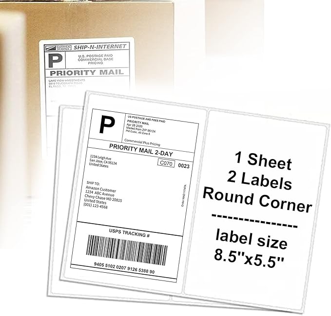 LabelMore 8.5'' x 5.5'' Half Sheet Self Adhesive Shipping Labels for Laser & Inkjet Printers - Rounded Corner - Shipping Labels 2 Per Sheet (10000 Labels)