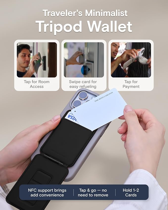 MOFT Phone Stand Wallet, NFC-Supported Tap-and-Go Card Holder, MOVAS Leather, Slim Magnetic Tripod for iPhone 17/16/15/14/13/12, Travel Essential Wallet Cell Phone Stand for 2 Cards, Jet Black