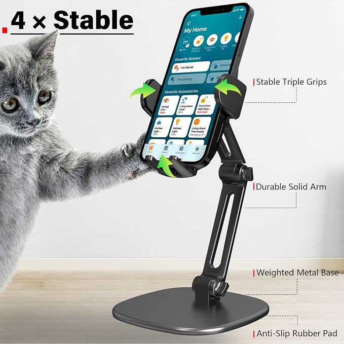 APPS2Car Phone Stand for Desk, Adjustable Cell Phone Holder for Office | Triple-Clamp Phone Holder, Height-Adjustable Folding Arm, 360° Rotation, Anti-Slip Base, Fits Cases up to 20mm