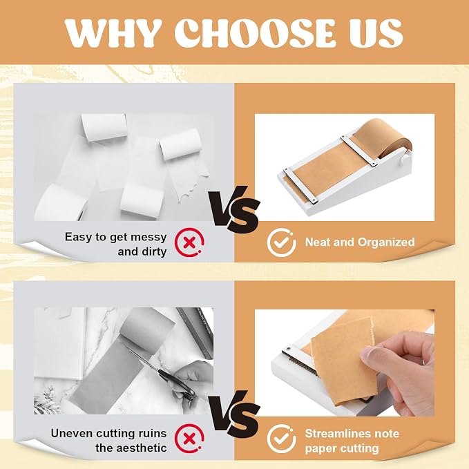 Desktop Note Paper Roll Dispenser with 98ft Note Taking Roller Wooden Kraft Paper Roll Holder Fit 3x2.75 Inch Sticky Note Roll Tearable Cutter Grocery List Roll Paper Holder for to-Do Lists