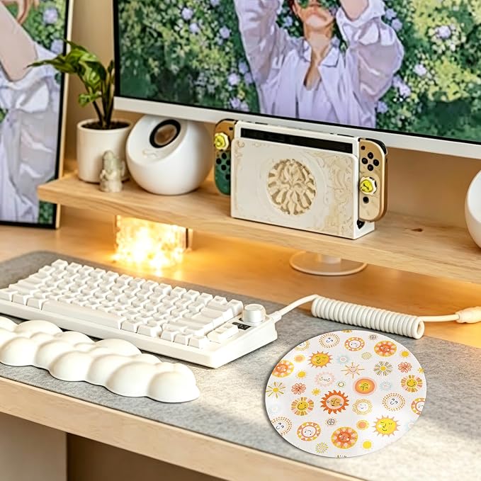 Boho Smiley Sun Sunshine Round Mouse Pad 7.9x7.9in | Boho Office Decor,Yellow Cute Sun Mousepad Mouse Mat for Computer Laptop Home Office Dorm Desk Accessories