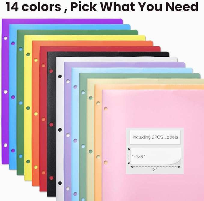 Sooez 2-Pocket Folders, Plastic Folders with Pockets 3 Hole Punched | 1 Pack Pockets Folder for 3 Ring Binder with Labels, Heavy Duty Binder Folder for Document, Letter Size File Folder,Pink