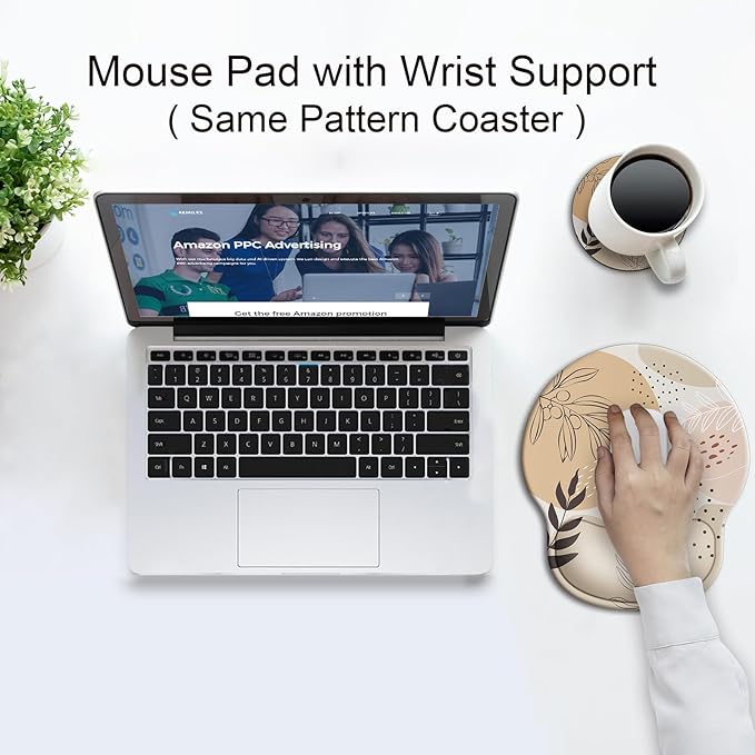 Ergonomic Mouse Pad with Wrist Support Rest,Large Mousepad Gel Wrist Rest, with Coaster Non-Slip & Pain Relief for Computer, Desk, Home&Office-Boho Leaves