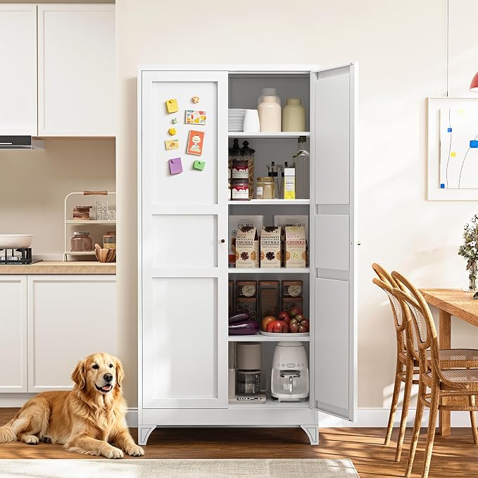 Metal Pantry Cabinet, 75" Kitchen Pantry with 2 Door and 4 Adjustable Shelves,White Metal Pantry Storage Cabinet,Cupboard for Kitchen,Dining Room,Living Room and Bathroom