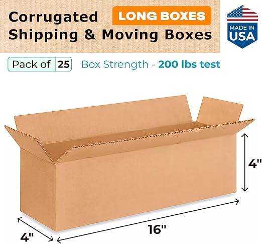 Long Moving & Shipping Boxes 16"L x 4"W x 4"H (25-Pack) - USA-Made | Extra Strength 200 lb vs Regular - Corrugated Shipping Boxes for USPS&UPS&FEDEX - Packing Box for Moving by IDL Packaging