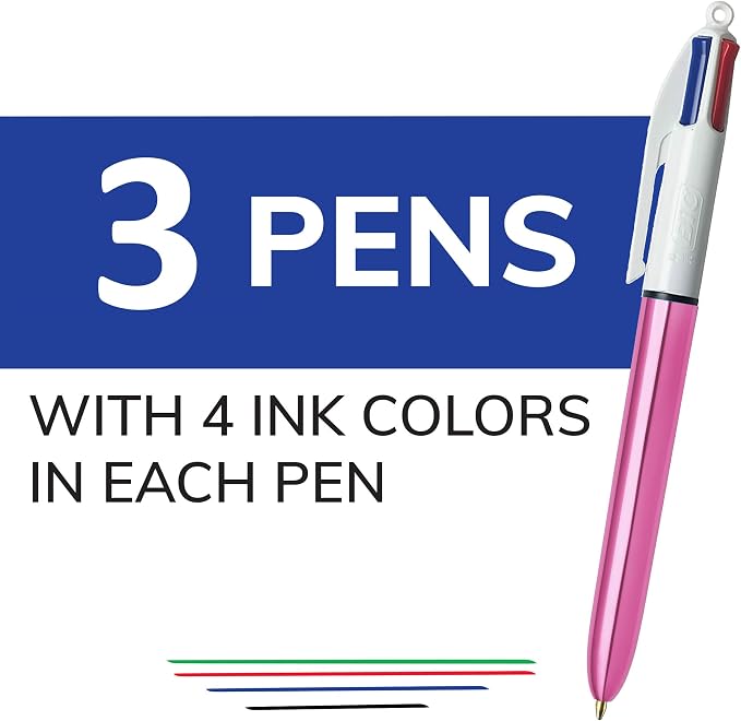 BIC 4 Color Shine Retractable Ballpoint Pen, 1.0 mm Point, 3-Count Assorted | Wide Barrel for Comfort, Pink Metallic Barrels, Smooth Writing Experience, Long-Lasting Ink Supply, Assorted Ink Colors