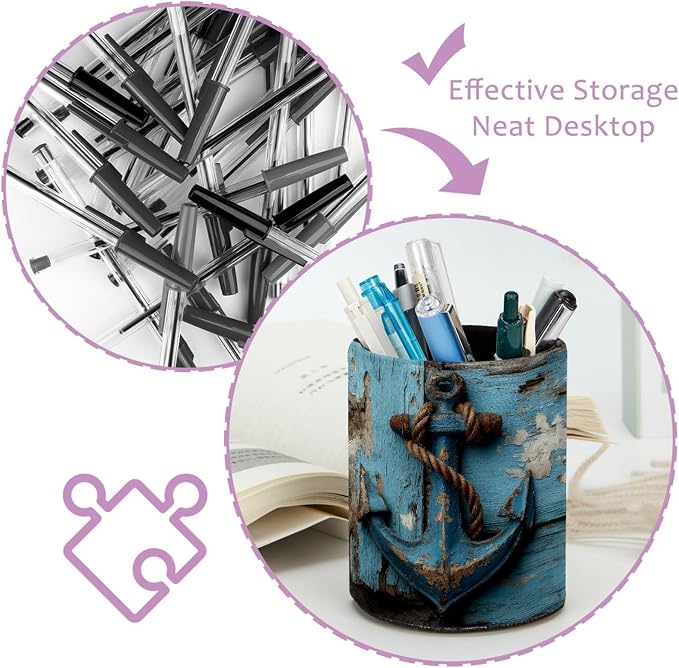 Leather Pen Holder for Desk, Retro Anchor Pencil Cup Pen Organizer Makeup Brush Holder for Office Home Kids Countertop Desk Accessory Storage
