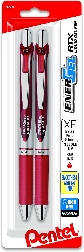 Pentel Gel Ink Pen, EnerGel RTX Retractable Gel Pen, (0.3mm) Needle Tip, Extra Fine Point, Red Ink, 2 Pk (BLN73BP2B)