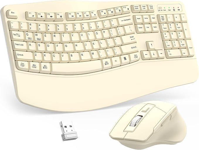 Wireless Keyboard and Mouse Combo, 2.4G Ergonomic Wave Keys (Latte) | Full Size Wave Keyboard with Wrist Rest, 3-Level DPI Adjustable Ergonomic Mouse for Windows and Mac OS Desktop/Laptop/PC