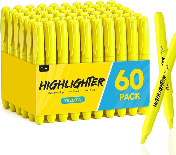Taja 60 Pack Highlighters, Yellow, Chisel Tip with No Bleed Ink | Highlighters with Smooth Broad & Precise Lines, Ideal for Journaling & Note Taking, Study Essentials and Office Supplies