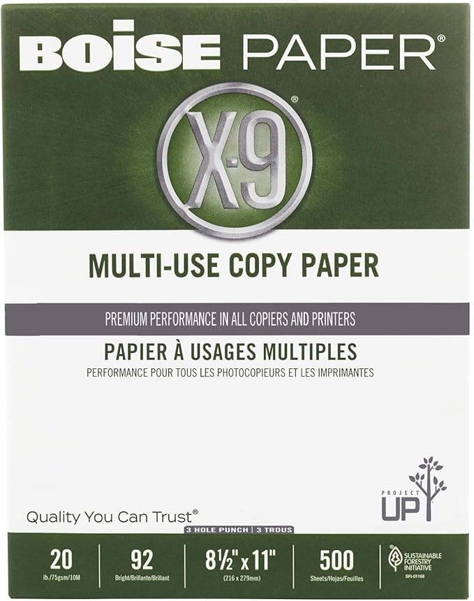 Boise Paper X-9 Multi-Use 3-Hole Punch Copy Paper – 10 Ream (5,000 Sheets) | 8.5" x 11" Letter | 92 Bright White - 20 lb. | OX-9001P-CTN