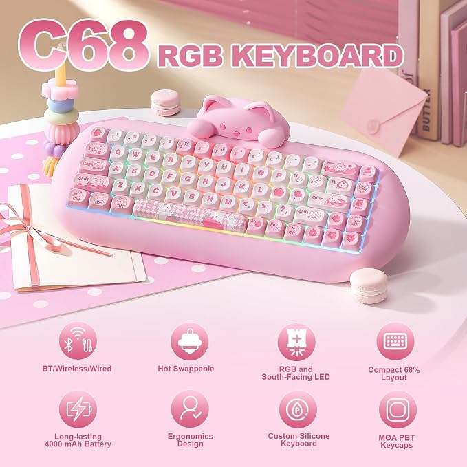YUNZII C68 Silicone Cute Cat Mechanical Keyboard (Pink, Milk Switch) | Wireless Triple Mode BT5.0/2.4G/Wired, RGB Backlit NKRO, Cute Cat Silicone Ergonomic Design for Win/Mac