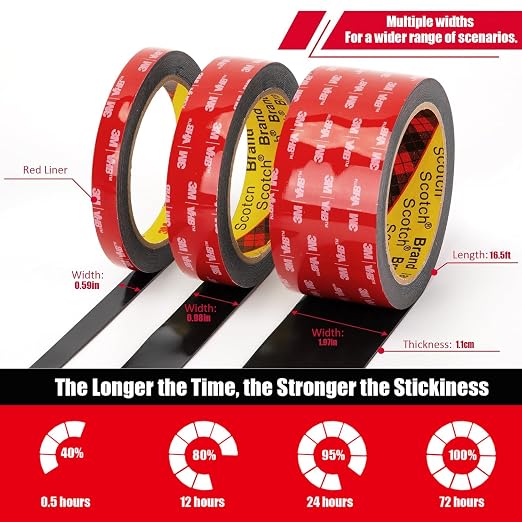 Double Sided Tape Heavy Duty, Waterproof Mounting Foam Tape, 16.5ft Length, 0.59in Width, High Temperature Resistant Adhesive Tape for Car, LED Strip Light, Office Decor, Uses VHB 5952 Raw Material