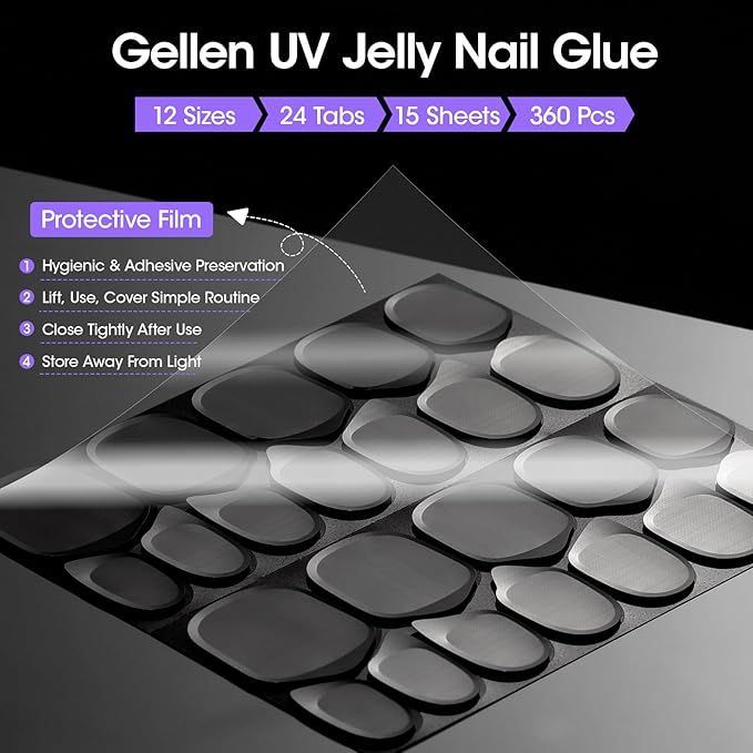 Gellen 15 Sheets Nail Adhesive Tabs, 360Pcs UV Nail Glue Stickers for Press On & False Tips, Curing Needed Double Sided Jelly Glue Stickers, Waterproof & Breathable Sticky Tabs, 12 Sizes