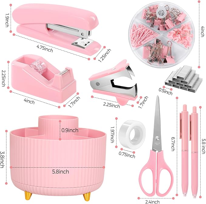 SKYDUE Pink Desk Accessories 11Pcs with Rotating Pen Holder for Desk | Included Stapler with Staples, Staple Remover, Tape Dispenser,2pcs Tape Refills, Binder Paper Clips Kit, Scissor, 2pcs Pens