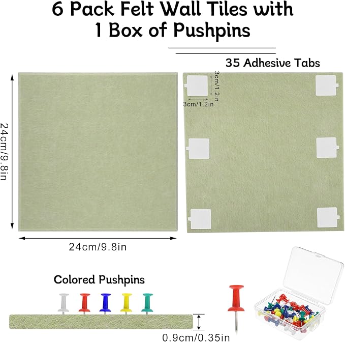 Cork Board Alternative 28" x 19", 6 Pack Felt Bulletin Boards, Pin Board | Includes Pushpins & 35 Safe Removable Adhesive Tabs, High-Density, Notice Boards for Walls Office Home Decor - Sage