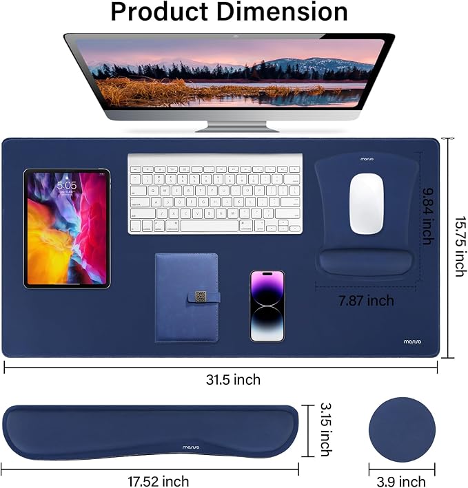 MOSISO Keyboard Mouse Pad Set, Large Gaming Mousepad&Keyboard Wrist Rest | Mouse Wrist Rest&Coaster, Ergonomic Non-Slip Mousepad&Easy Typing Cushion with Memory Foam for Home Office, Navy Blue