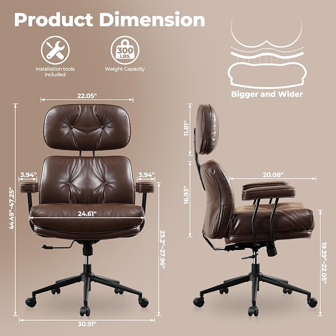 ovios Home Office Chair with Thick Cushion, Mid-Century Modern Faux Leather Ergonomic Chairs, High Back Swivel Rolling Computer Executive Armchair (Dark Brown, PU Leather)