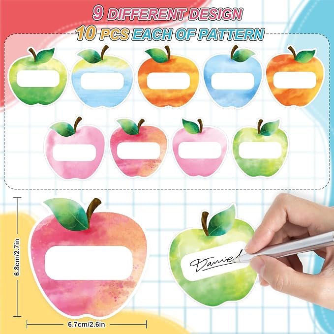 Whaline 90 Pcs Back to School Name Tag Stickers Watercolor Apples Shape Nameplates Colored Self-Adhesive Label Decals for Students Desk Classroom Decoration, 9 Designs