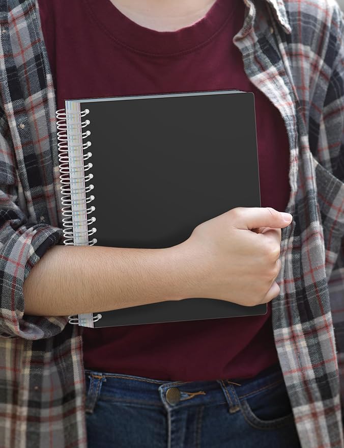 SUNEE Spiral Notebooks for Work with Removable Dividers & Tabs – College Ruled 5 Subject, 300 Pages, 3 Hole Punched, Durable PP Cover, 8"x10.5" – Notebooks for Office or School, Black