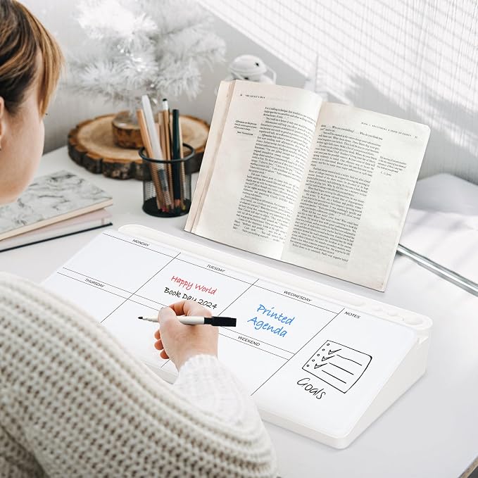 DOLLAR BOSS Glass Desk Whiteboard Calendar Small Dry Erase Board, White | Desktop White Board with Storage Drawer, Weekly Calendar, Computer Keyboard Stand, Desk Organizer, Office Supplies