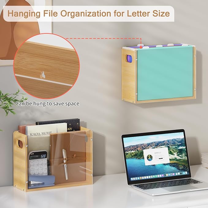 Sbanmao Acrylic Wall File Organizer, Hanging File Folder Organizer with Handle, Bamboo File Box File Crate Storage Box, Portable Filing Organizer for Home Office Classroom (Letter Size, 2 Pack)