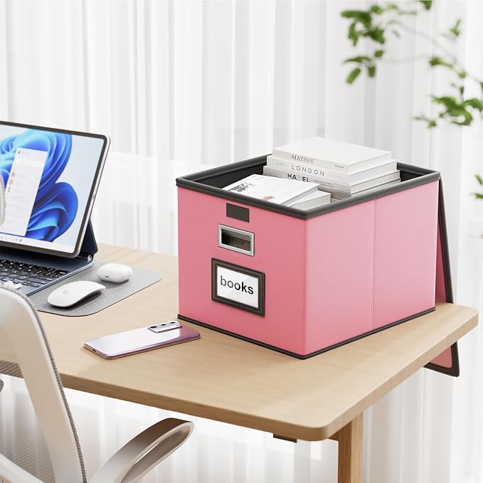 File Organizer Box with Lids, Collapsible File Folder Organizer | File Box with Plastic Slides for Document, Filing Bin for Letter Size Hanging File Folders (4 Pack, Pink, Leather)