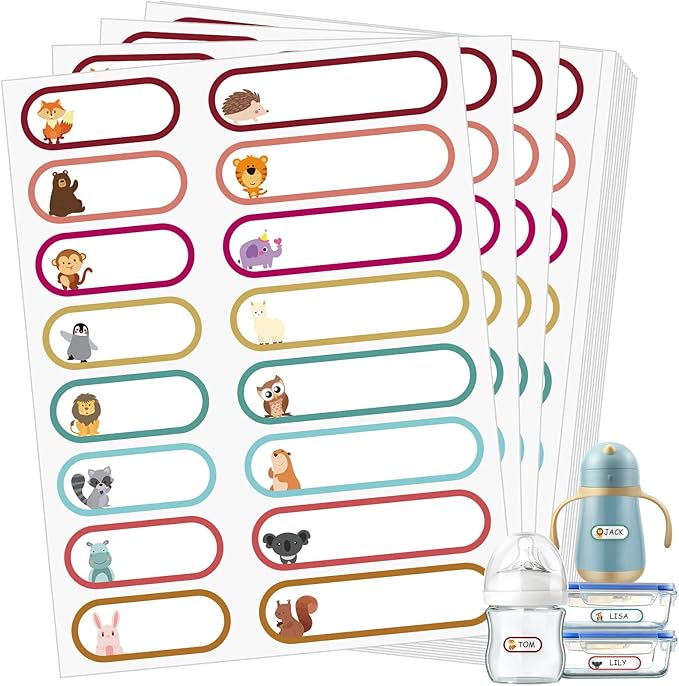 480 Pcs Baby Bottle Labels for Daycare, Waterproof Name Labels Self-Laminating, Write-on School Name Labels for Kids Name Tags Stickers(Cute Animal Style)