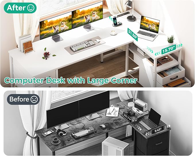 Coleshome 63 Inch L Shaped Office Desk with 6 Drawers, Power Outlet, White | 5 Fabric Drawers, File Drawer, USB and Type-C Ports, Open Storage Shelf, Reversible Layout for Home Office
