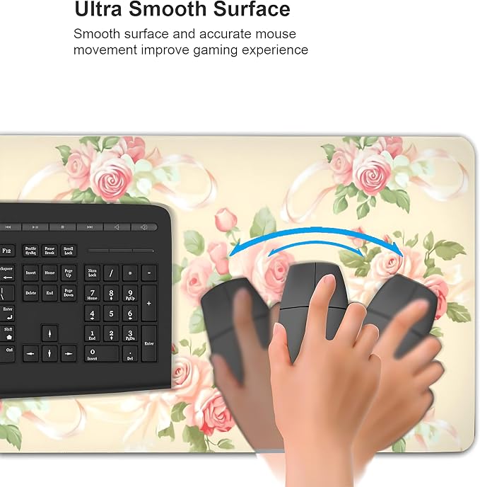 Cute Floral Aesthetic Rose Gaming Mouse Pad, Pink Macaron Desk Mat with Anti-Slip Base & Stitched Edges, Computer Keyboard & Laptop Pad, 35.4" x 15.7" in in Workstation Accessories