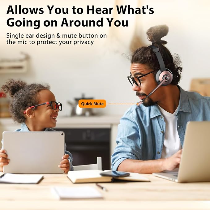 Bluetooth Headset, Wireless Headset with Noise Cancelling Microphone & Mute Function for Work, On Ear Wireless Headphones with USB Dongle & Charging Base for Work from Home Computer Office Call Center