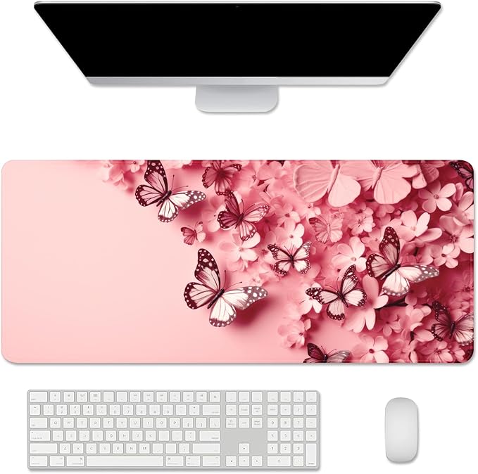 Pink Butterfly Mouse Pad Desk Mat Large Mouse Pads Desk Pad Computer pad | Stitched Edges Rubber Non-slip Girls Office Study Gaming XL Long Extended for Keyboard Laptop PC