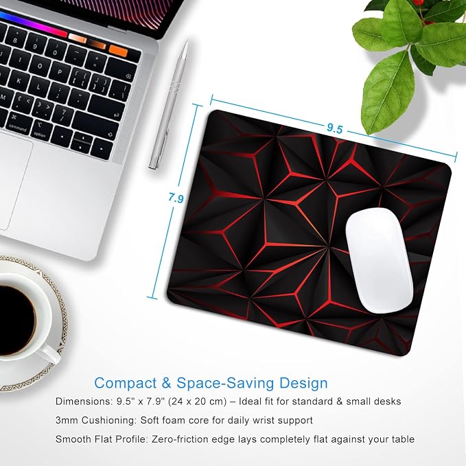 Red Abstract Geometric Mouse Pad, 9.5"x7.9" Non-Slip Computer Pad | Personalized mouse pad with 3D red geometric design. Premium smooth cloth surface, 3mm cushion & non-slip rubber base.