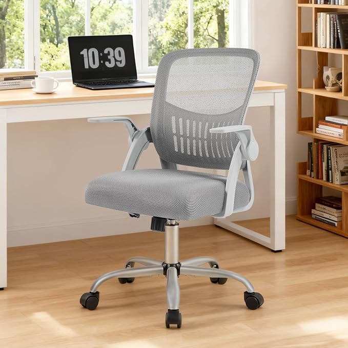 Sweetcrispy Computer Desk Chair, Home Office Chair, Lumbar Support | Flip Up Armrest, Adjustable Height, 360° Swivel Wheels, Ergonomic Mesh Mid-Back, Comfy Arms Bedroom Study