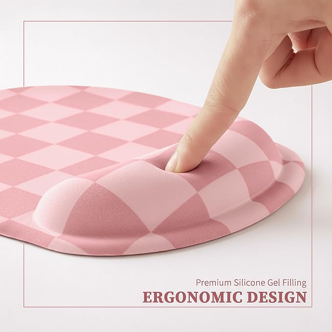 Coral Pink Checkered Mouse Pad with Gel Wrist Rest, Wrist Support, Ergonomic Desk Accessories for Women, Office Laptop Gaming Decor, Cute Aesthetic Check Design