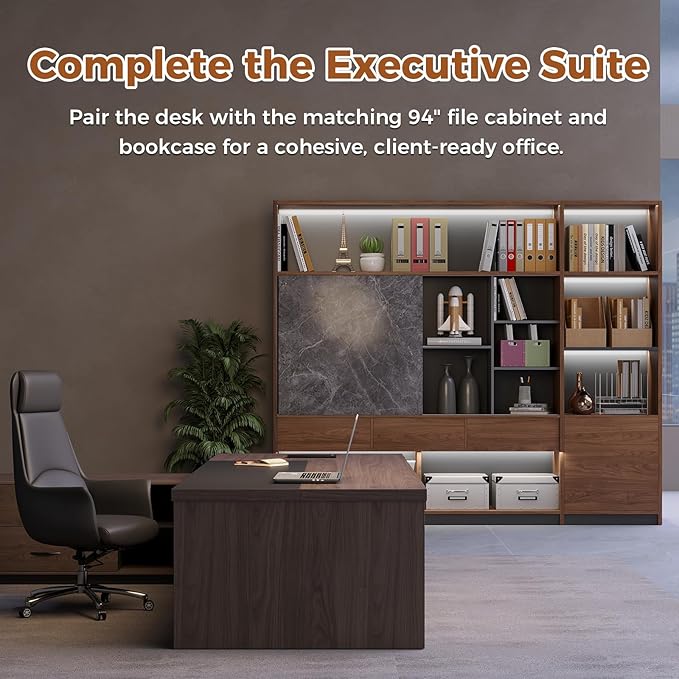 95" L-Shaped Executive Desk with Reversible Return, Locking Drawers, Built-in Power Outlet & LED Accent Light, Modern Office Desk with Storage and Privacy Panel, Walnut & Graphite Gray