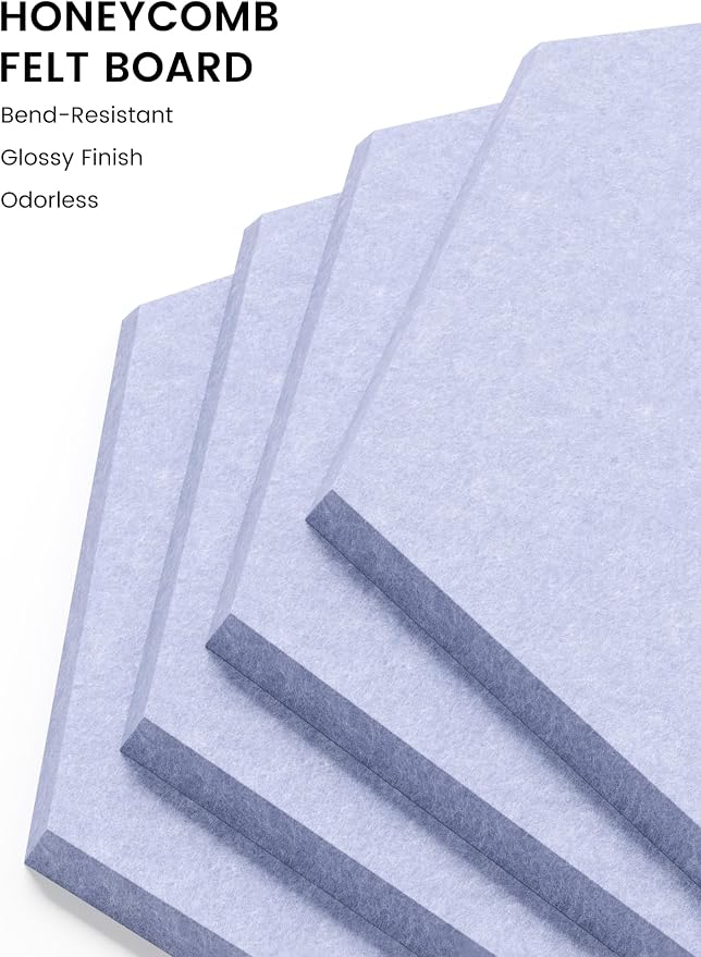 Fluxynara 8-Pack Hexagon Felt Bulletin Board Tiles, Soft Periwinkle | Cork Board Alternative with 50 Adhesive Tabs for Notes, Photos and Reminders in Home Offices, Dorm and Classrooms