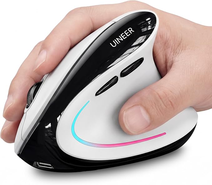 Uineer Ergonomic Wireless Vertical Mouse, 3-Mode Bluetooth 5.0/4.0 & 2.4GHz | Rechargeable, USB-A Receiver, Silent Computer Mouse for Laptop, Mac, iPad and PC, 4 DPI Levels, LED Light, 3-Device Switching