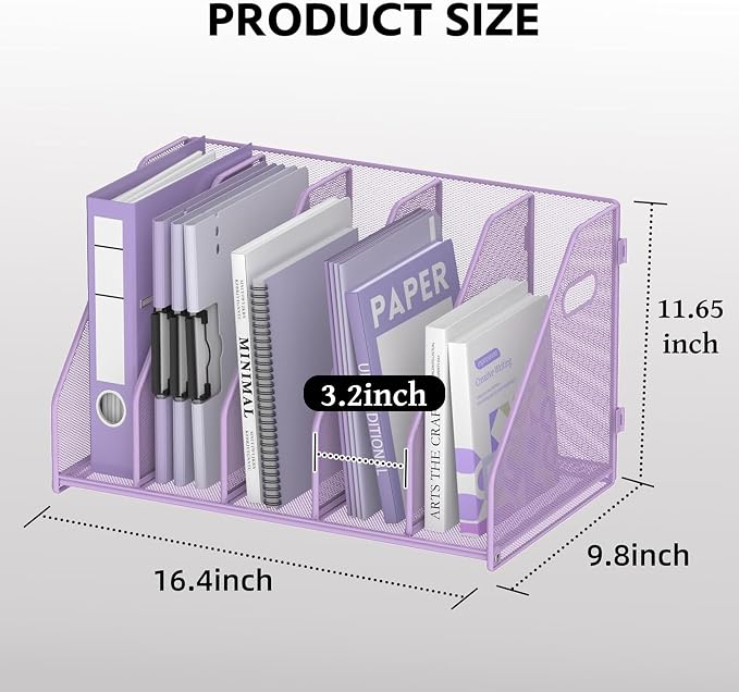 Binder Organizer, Magazine File Holder with 5 Vertical Rack, Purple | Metal Desk File Organizer & Binder Holders, Magazine Organizers for Office Desktop, Home, School, Classroom