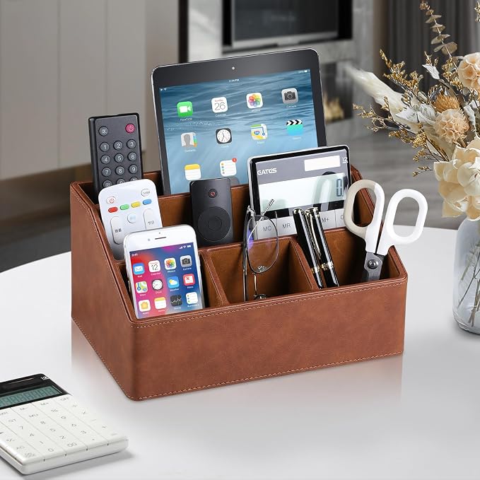 PU Leather Desk Organizer, Remote Control Holder, Brown | Luxury Nightstand Organizer for Home, Office Desk Accessories, Bedside Table Caddy with 5 Compartments, Velvet Lining