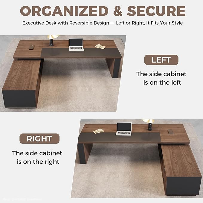 87" L-Shaped Executive Desk with Reversible Return, Locking Drawers, Built-in Power Outlet & LED Accent Light, Modern Office Desk with Storage and Privacy Panel, Walnut & Graphite Gray