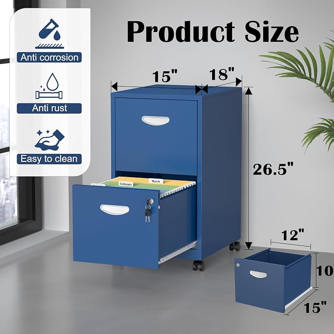 SteeLoong 2 Drawer File Cabinet,Metal Mobile File Cabinet with Lock Blue | Filing Cabinet with Wheel,Vertical File Cabinet for Home Office,Under Desk Rolling File Cabinets for Hanging Letter/A4